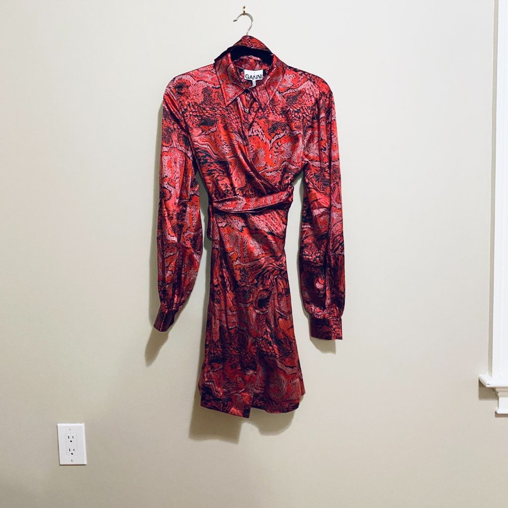 Ganni Printed silk-blend satin mini wrap dress (NWT)